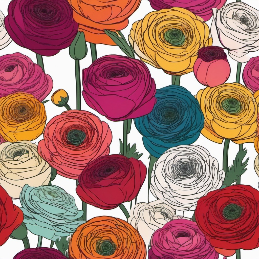 Ranunculus Clip Art - Clusters of ranunculus flowers in vibrant colors,  color vector clipart, minimal style