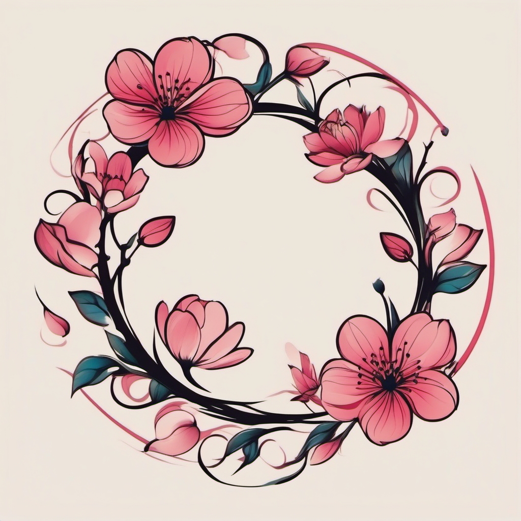 Cherry blossoms forming a circle tattoo: Symbolizing unity and the cyclical nature of beauty.  simple color tattoo style