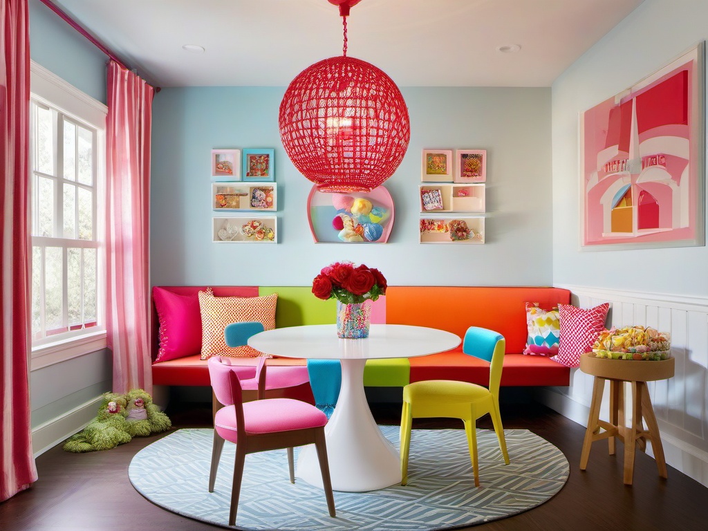 Candy Land dining nook incorporates a playful table with bright seating, whimsical decor, and candy-themed accents, providing a fun space for casual meals.  