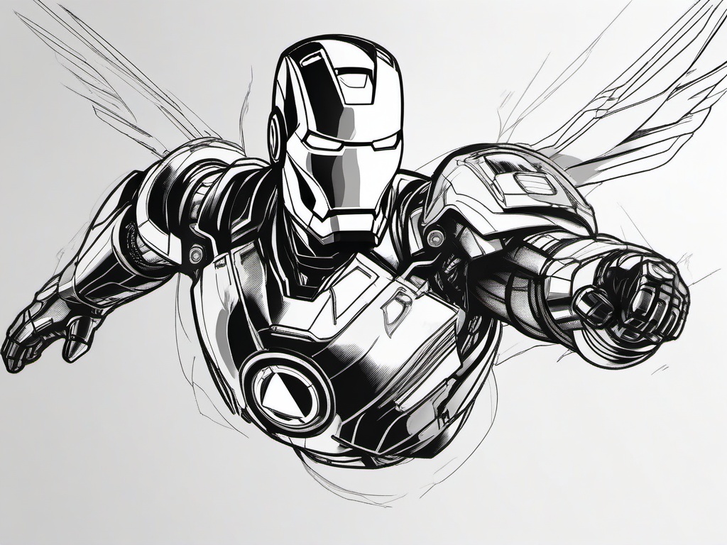 drawing of Iron Man flying  minimal rough sketch scribbles,doodles,black and white