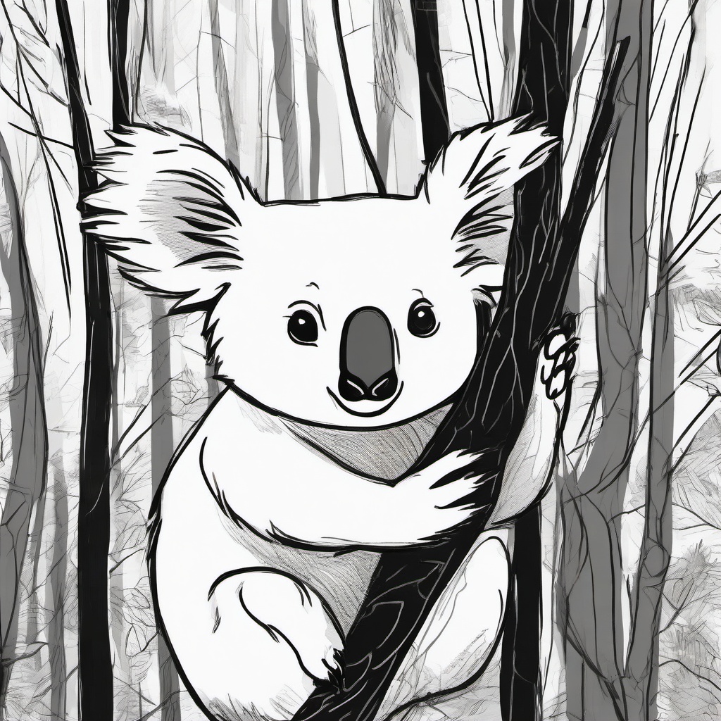 drawing of a koala in a forest  minimal rough sketch scribbles,doodles,black and white