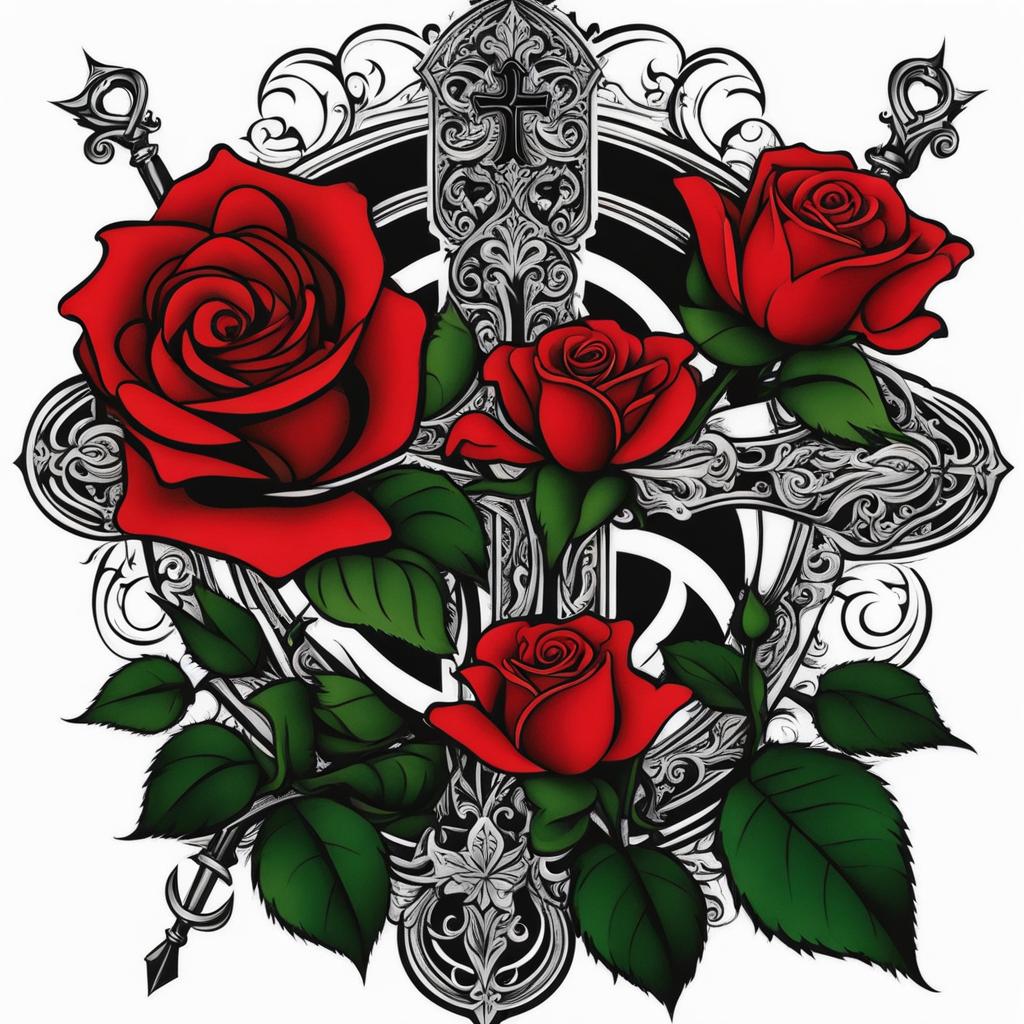 Rose tattoo with cross, Tattoos combining the beauty of roses with cross symbols. , color tattoo design, clean white background