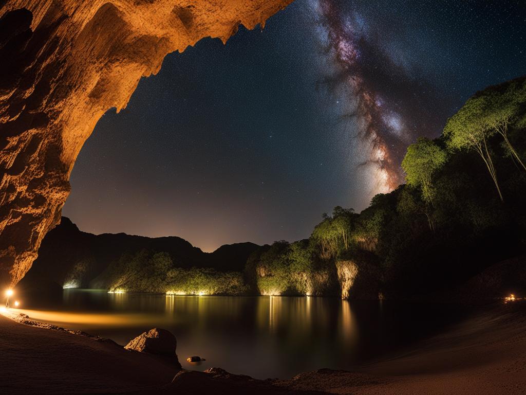 grutas de cacahuamilpa - paint the mesmerizing night atmosphere of grutas de cacahuamilpa, a massive cave system with stalactites and underground rivers. 