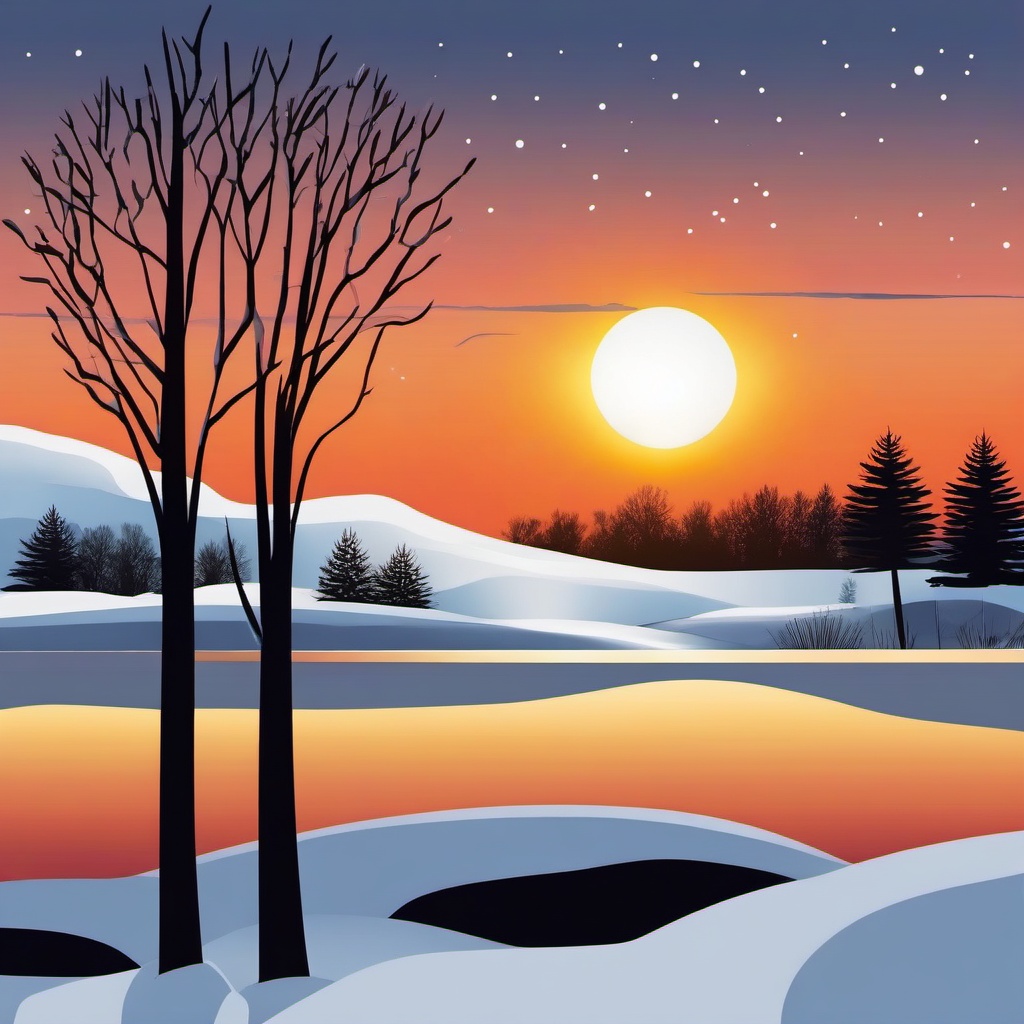 Winter Sunset clipart - Sun setting over a snowy landscape, ,vector color clipart,minimal