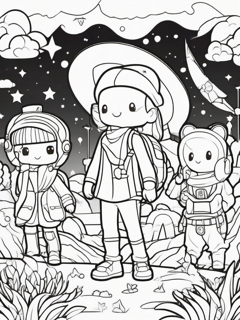 Kawaii Adventure Coloring Pages - Cute Characters Exploring New Worlds  minimal black outline printable sheet, coloring page