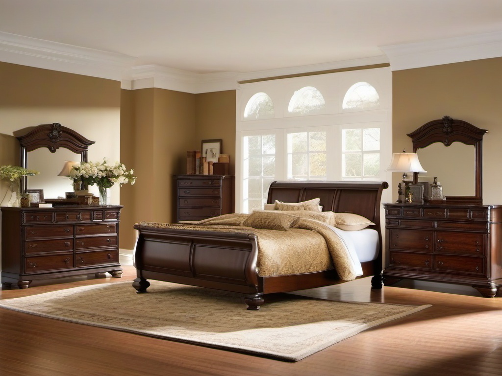 Colonial master bedroom features classic wooden furniture, warm colors, and simple decor that provide a cozy and timeless environment.  