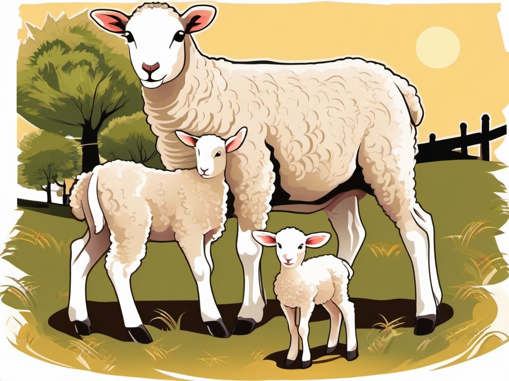 Lamb clipart - lamb with its mother in a farm setting  