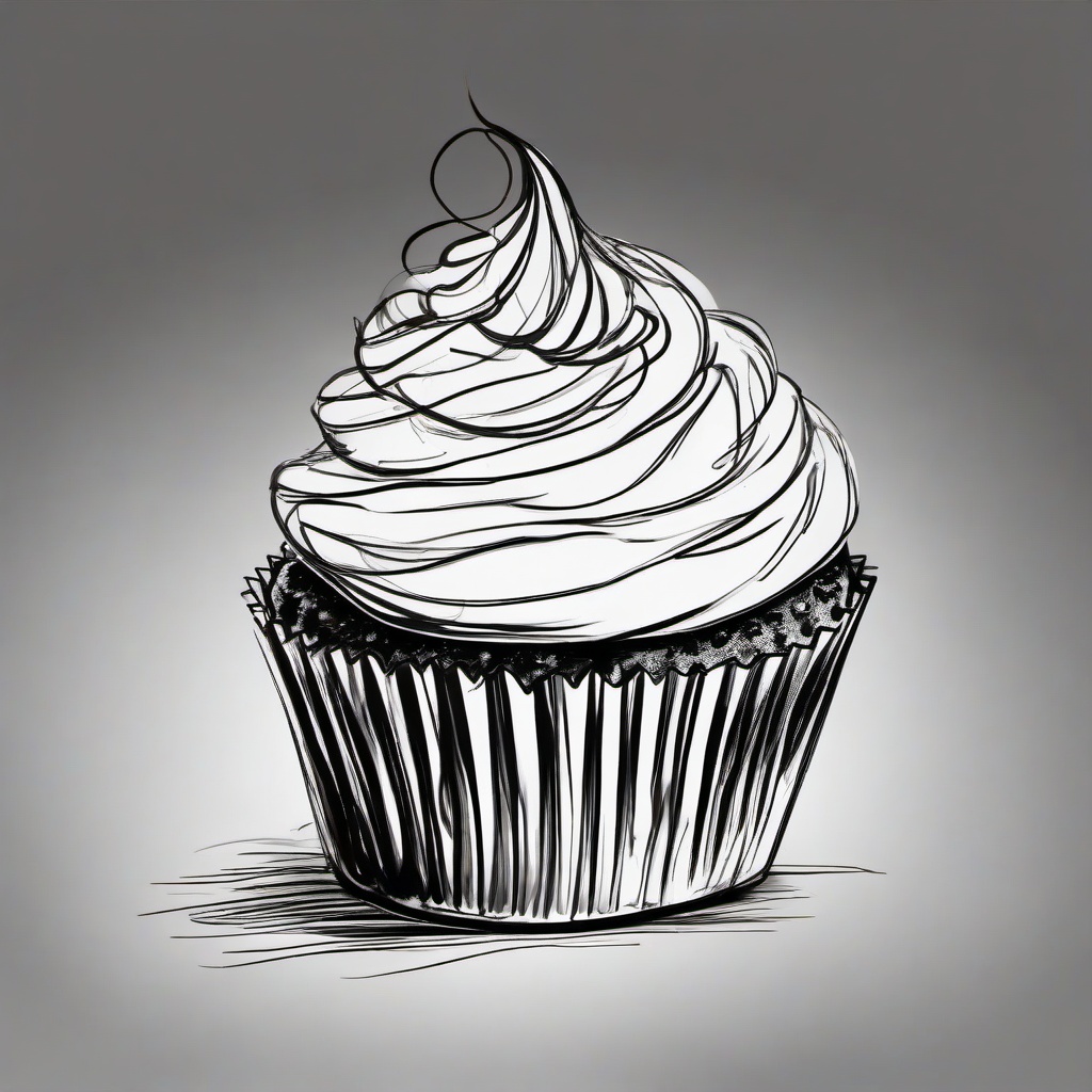 drawing of a cupcake with chocolate  minimal rough sketch scribbles,doodles,black and white