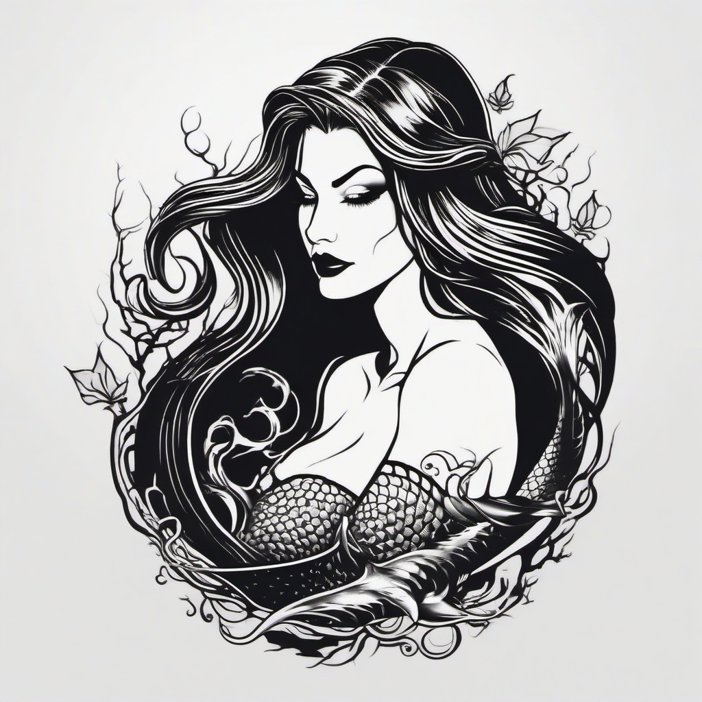 Evil Mermaid Tattoo - Infuse a touch of darkness with a tattoo featuring an evil or sinister mermaid design.  simple vector color tattoo,minimal,white background