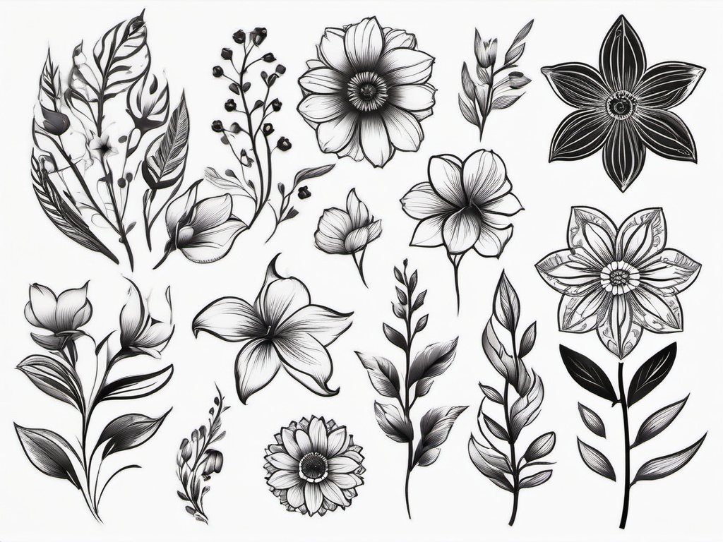 Flower Tattoo Types - Different types and styles of flower tattoos.  simple color tattoo,minimalist,white background