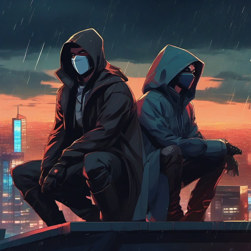 Enigmatic masked vigilante and masked vigilante companion, perched on a rainy city rooftop, ready to thwart villains and protect the innocent, as a matching pfp for friends. wide shot, cool anime color style