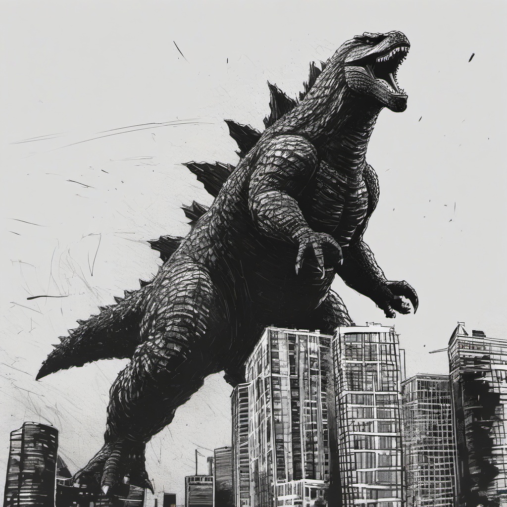 drawing of Godzilla attacking a building  minimal rough sketch scribbles,doodles,black and white