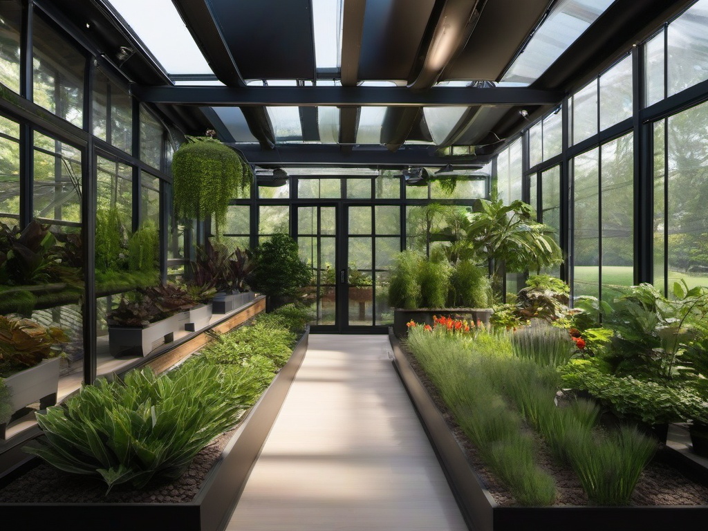 The greenhouse showcases High Tech interior design with modern materials, innovative technology, and sleek decor that create an elegant environment for gardening and plant care.  