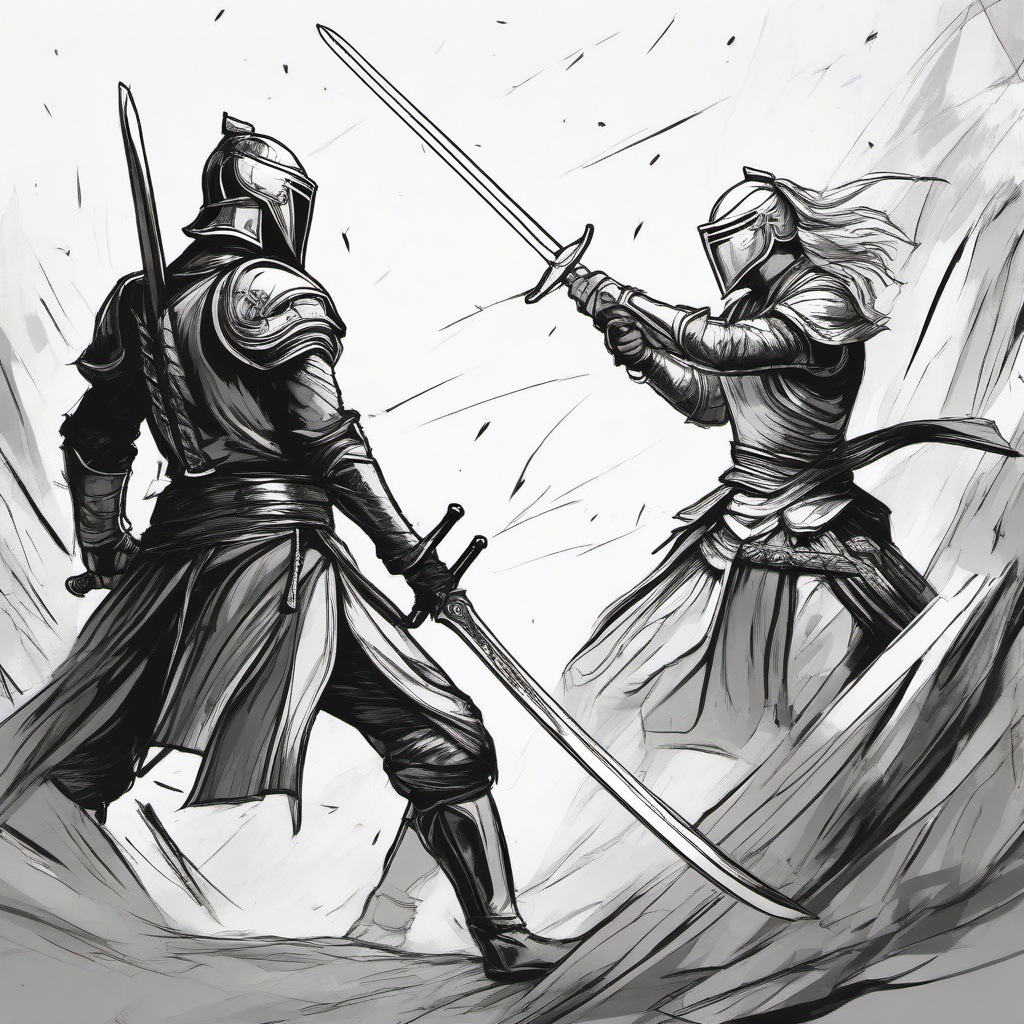 drawing of a sword fighting scene  minimal rough sketch scribbles,doodles,black and white