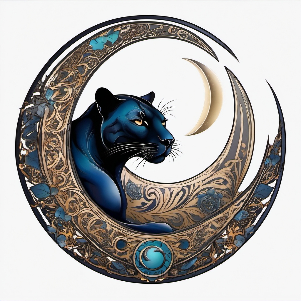 Panther under a crescent moon tattoo. Nocturnal grace in ink.  color tattoo, white background