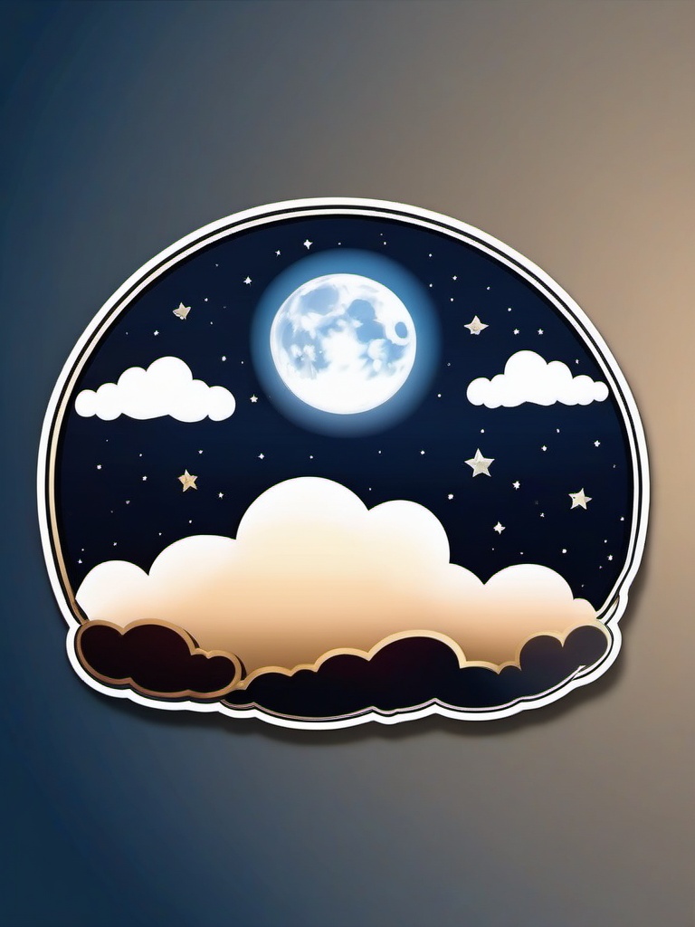 Moon with Clouds Sticker - Crescent moon surrounded by fluffy clouds, ,vector color sticker art,minimal