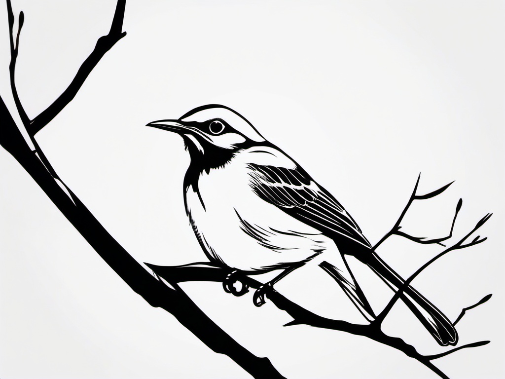 Mocking Bird Tattoo - Mockingbird perched in tree  minimalist tattoo design, white background