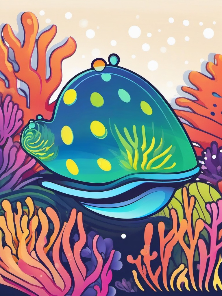 Rainbow Sea Slug Clip Art - A vibrant rainbow sea slug on a coral reef,  color vector clipart, minimal style