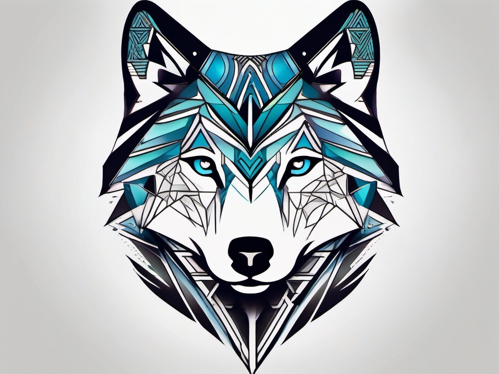 Half Wolf Half Geometric Tattoo - A striking fusion of a wolf and geometric patterns in a tattoo.  simple color tattoo design,white background