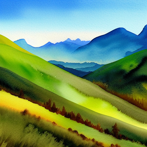 green mountains with ice on top, stones roads, bluw sky, brown river, mountain bikers draw in watercolor style