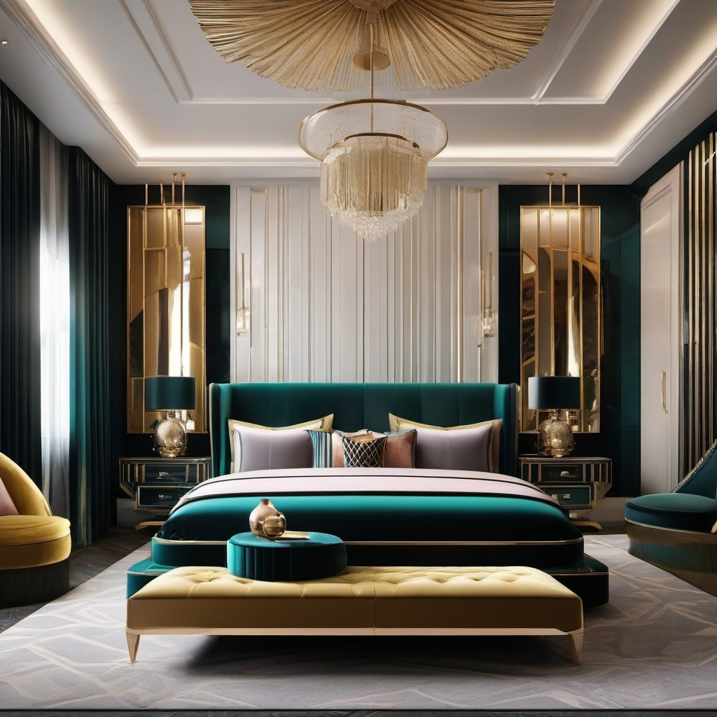 Art Deco Glamour Retreat - Incorporate the glamour and geometric style of art deco. , bedroom interior decor design ideas, multicoloured, photo realistic, hyper detail, high resolution,