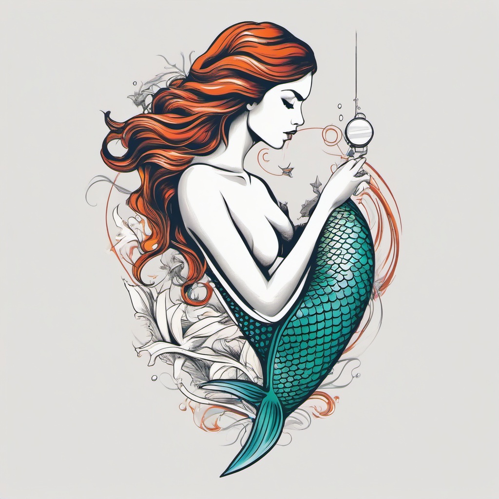 Mermaid and Diver Tattoo - Capture the harmony between a mermaid and a diver in a captivating tattoo.  simple vector color tattoo,minimal,white background