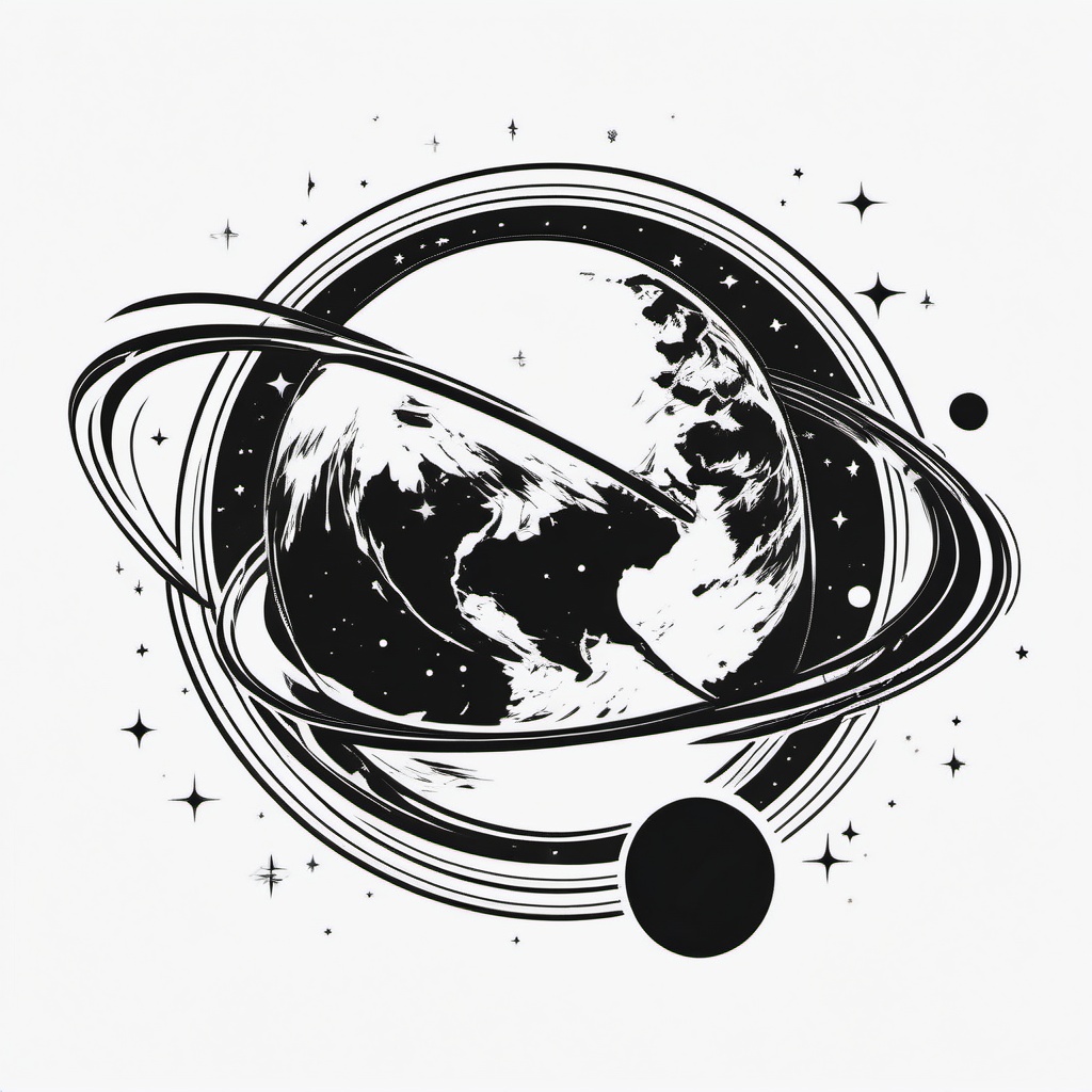 Planet Tattoo - A vivid planet tattoo orbiting in space  few color tattoo design, simple line art, design clean white background