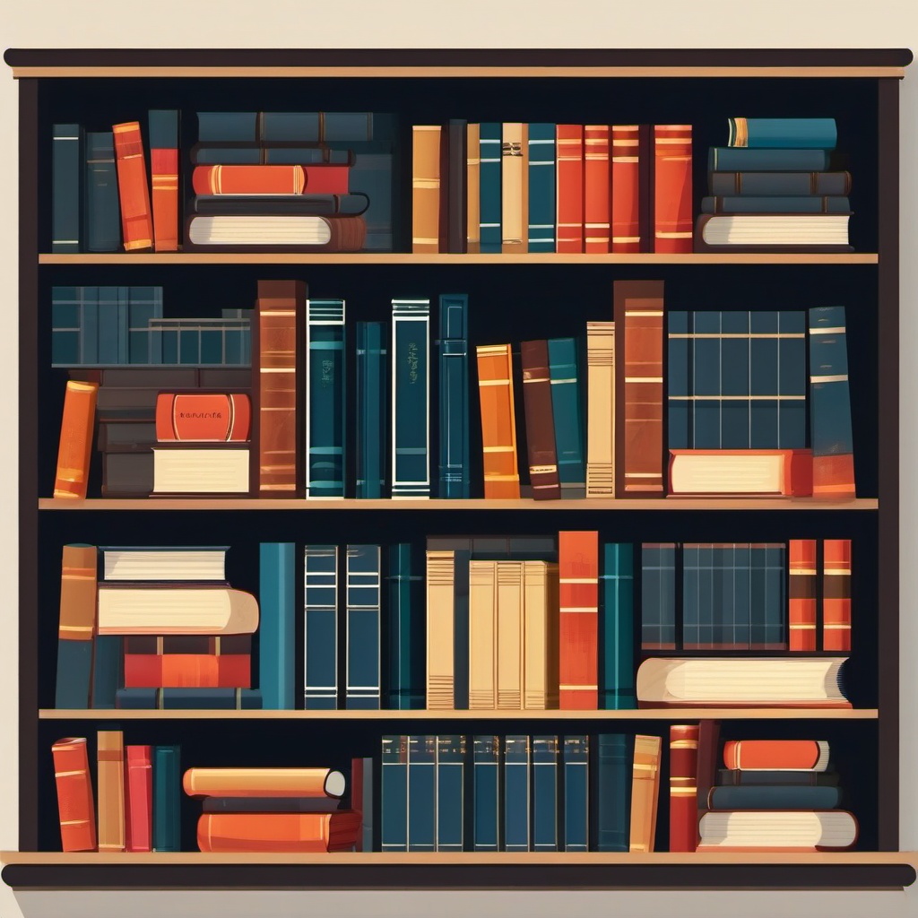 Bookshelf full of classic novels clipart  simple, 2d flat