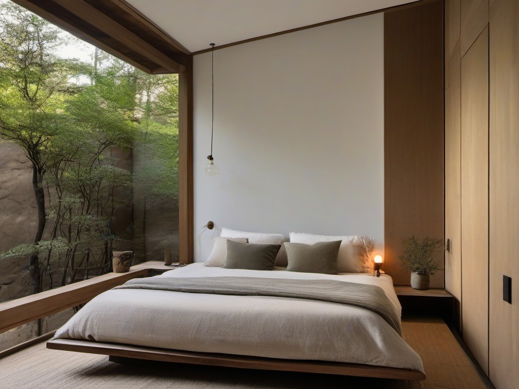 In the bedroom, Wabi Sabi interior design showcases a simple platform bed, soft organic linens, and a color palette inspired by nature that transforms the space into a tranquil retreat.  