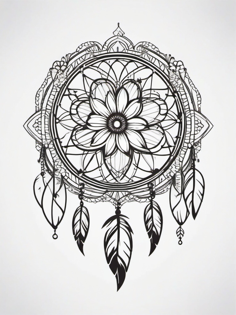 Daisy Dream Catcher Tattoo - Tattoo combining a dream catcher with daisy motifs.  simple vector tattoo,minimalist,white background