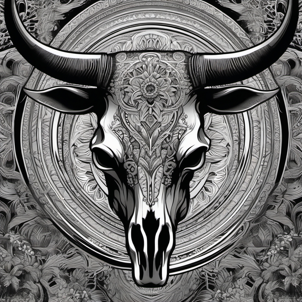 Detailed longhorn skull ink: Realism, capturing intricate details.  black and white tattoo style