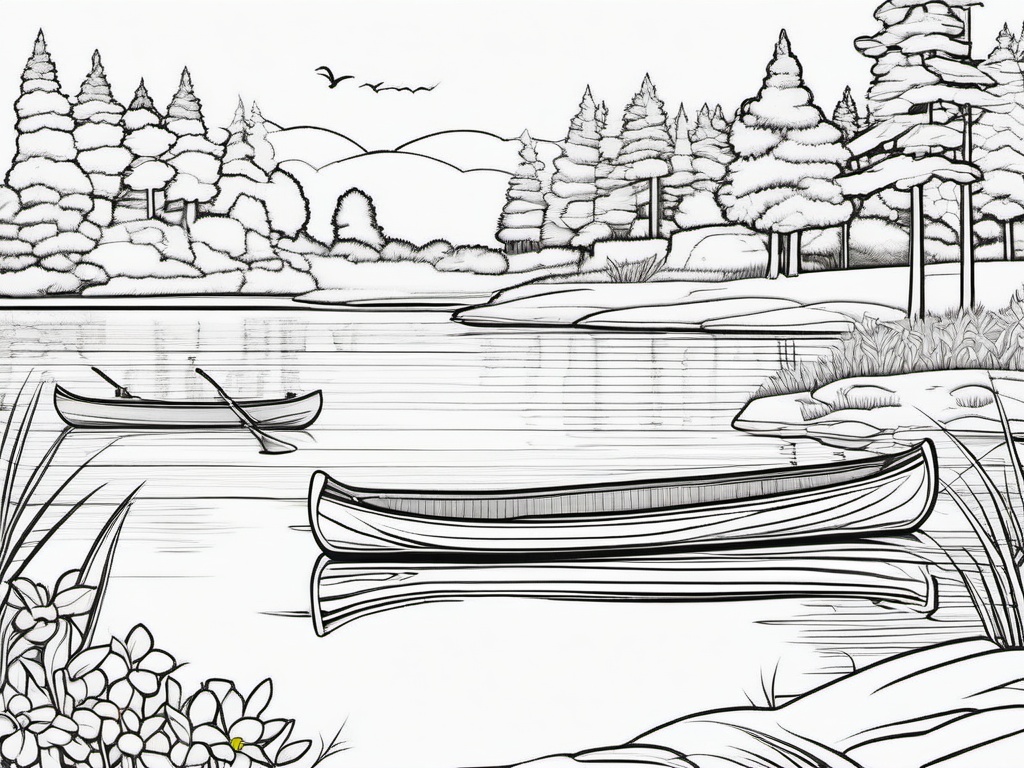 Summer Coloring Pages - Peaceful lakeside view with canoes and ducks  simple coloring pages