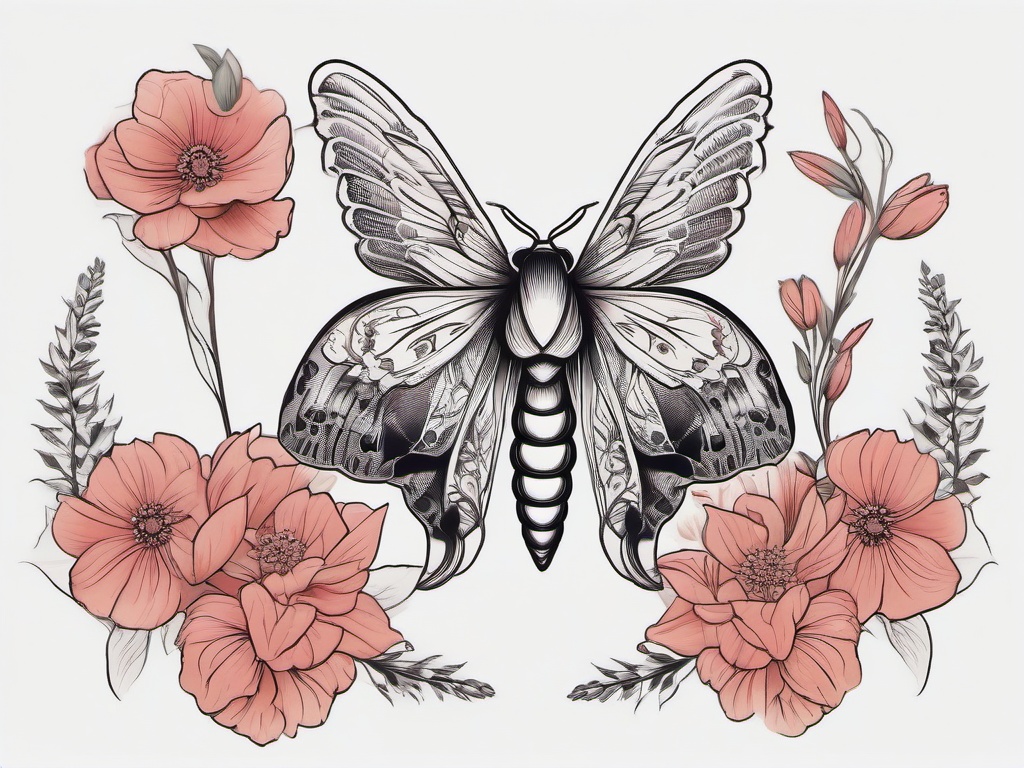 Death Moth Tattoo with Flowers - Combine beauty and symbolism with a tattoo featuring a Death moth surrounded by flowers.  simple vector color tattoo, minimal, white background