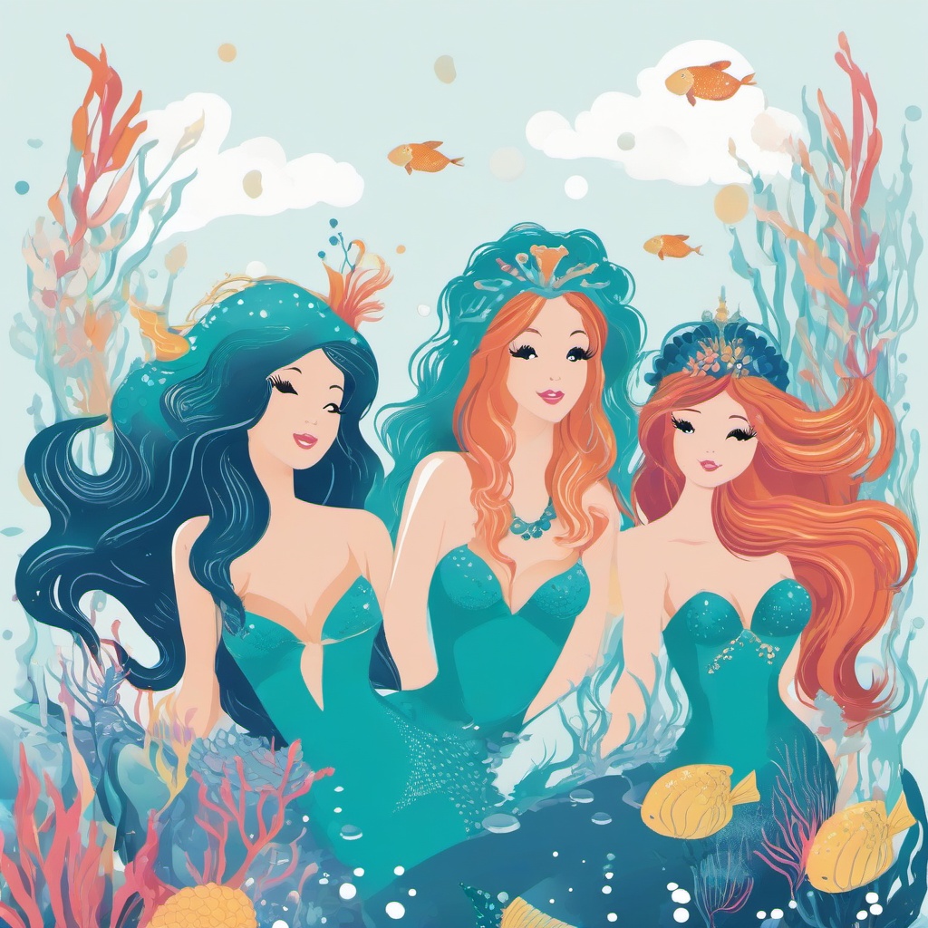 Mermaid clipart - a group of mermaids having a party underwater  color,minimalist,vector clipart