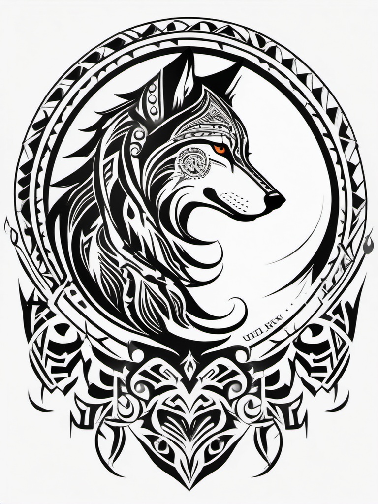 Tribal Tattoo with Wolf,tribal symbols and the noble wolf united in ink, testament to our connection with the wild. , tattoo design, white clean background