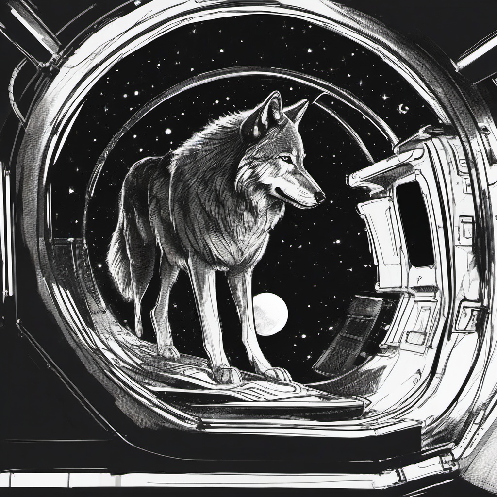 drawing of a wolf in space station  minimal rough sketch scribbles,doodles,black and white