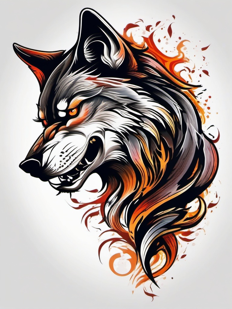 Angry Wolf Tattoo,tattoo capturing the fury of a fierce wolf, symbol of untamed aggression. , color tattoo design, white clean background