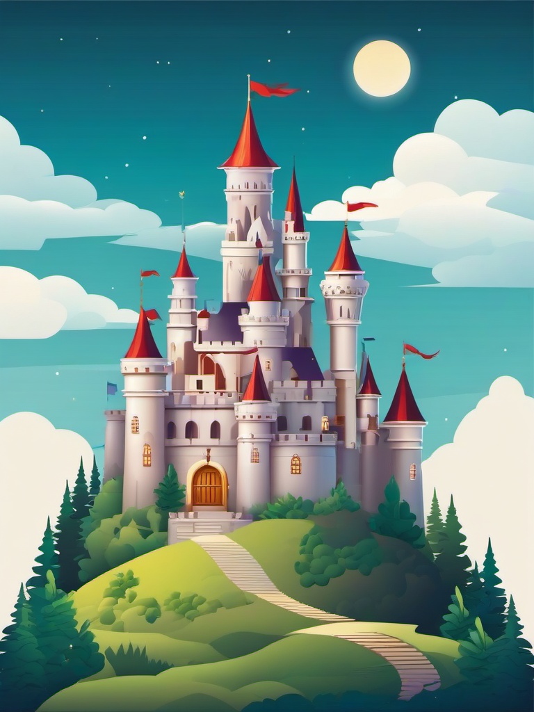 Fantasy castle on top of a hill clipart.  vector style illustration, white background