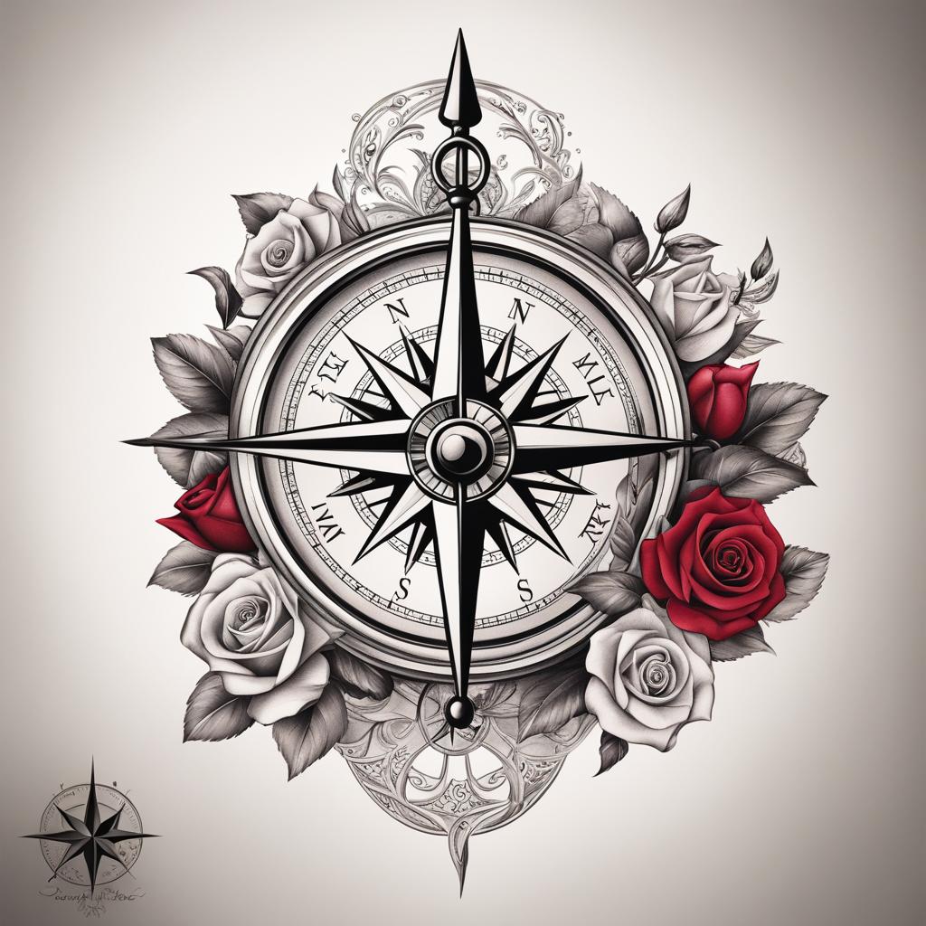 Compass and rose tattoo, Tattoos featuring a combination of a compass design and roses.  color, tattoo patterns, white clean background