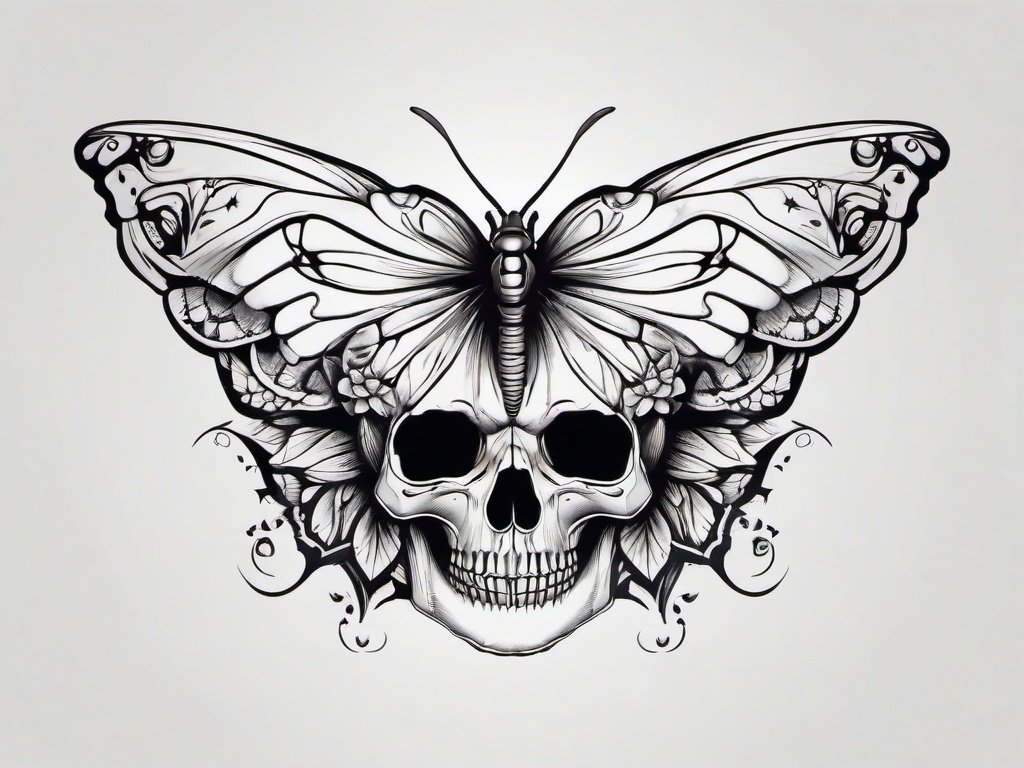 skull butterfly tattoo drawing  simple color tattoo, minimal, white background