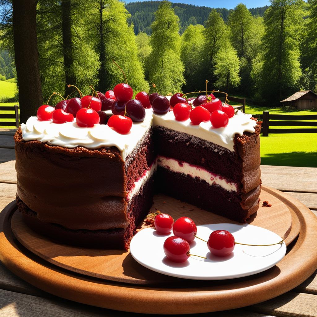 schwarzwaelder kirschtorte, black forest cake, savored at a picturesque village in the black forest. 