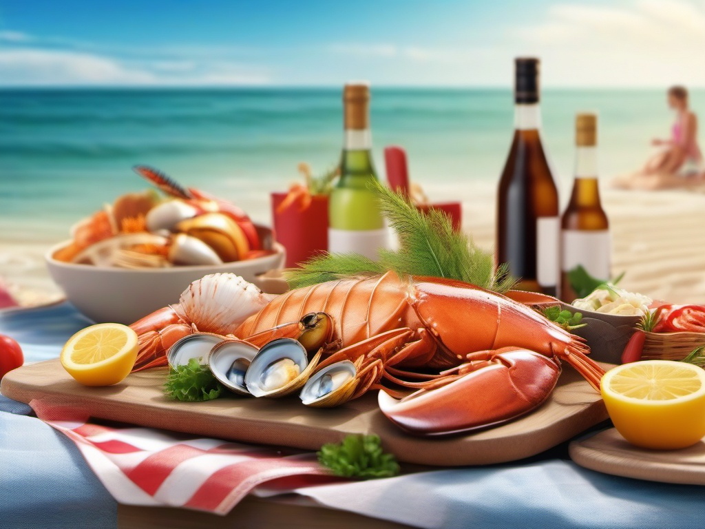 Beach picnic with fresh seafood close shot perspective view, photo realistic background, hyper detail, high resolution