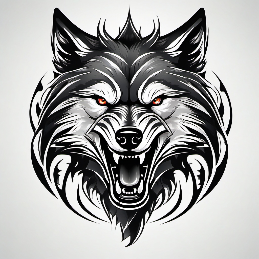 Angry Wolf Tattoo,tattoo capturing the fury of a fierce wolf, symbol of untamed aggression. , tattoo design, white clean background