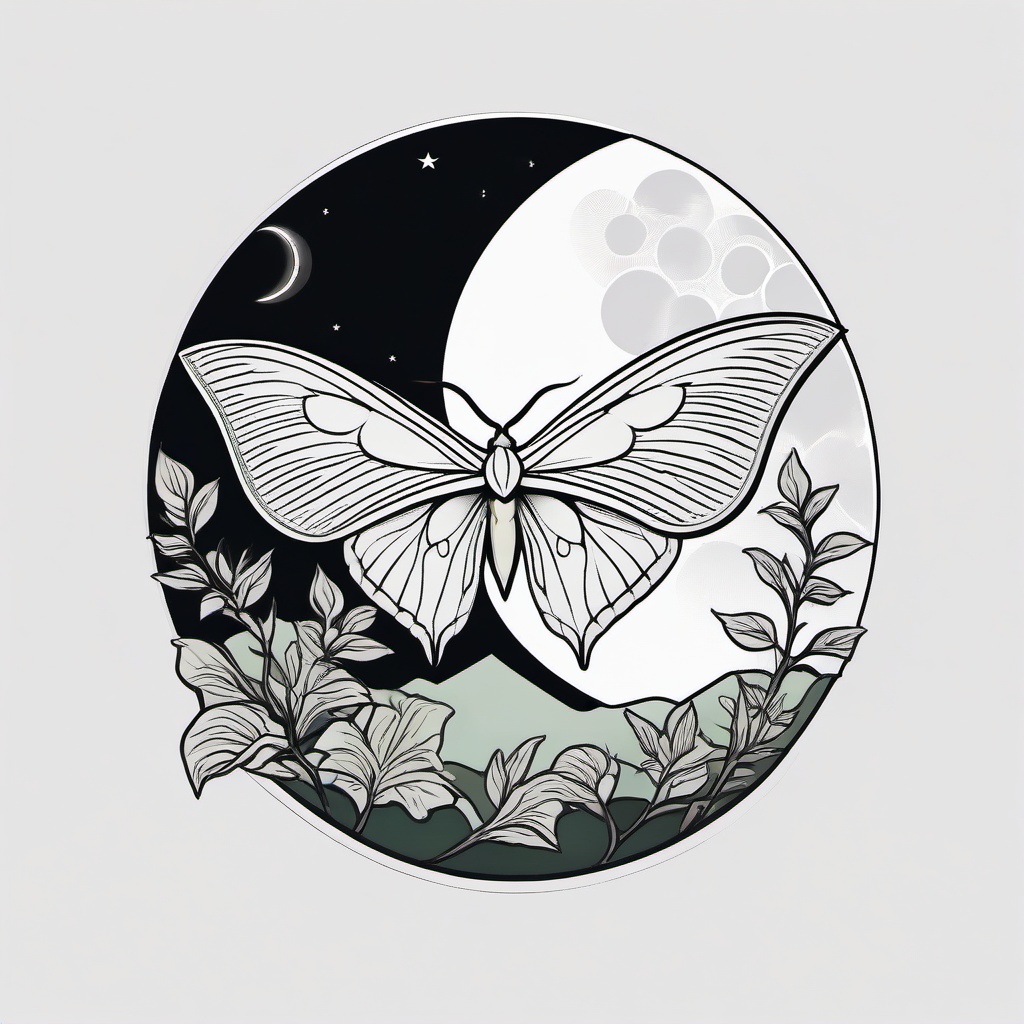 Luna Moth Moon Tattoo - Symbolize mystery and transformation with a tattoo featuring a Luna moth alongside the mystical moon.  simple vector color tattoo, minimal, white background