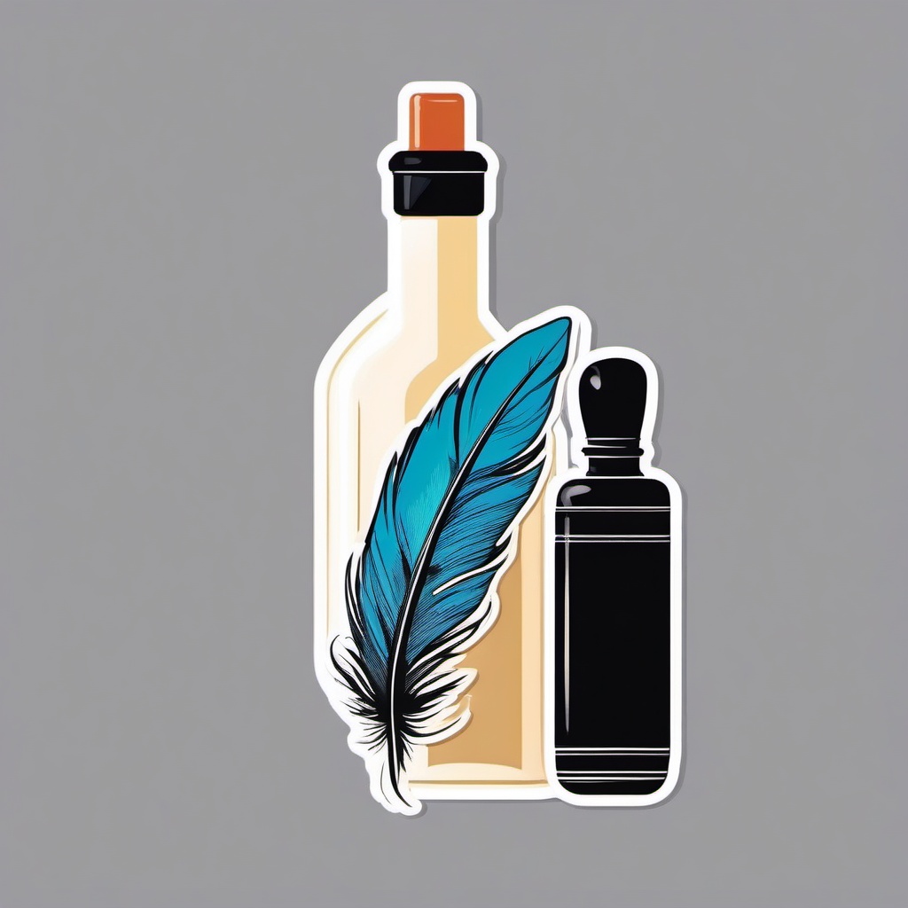 Feather and Ink Bottle Sticker - Quill feather next to an ink bottle, ,vector color sticker art,minimal