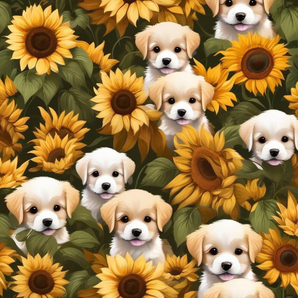 Cute Phone Backgrounds - Adorable Puppies in a Sunflower Field  wallpaper style, intricate details, patterns, splash art, light colors