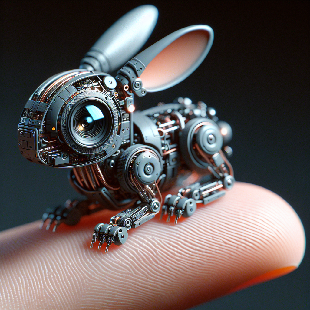 Macro shot of a futuristic miniature robotic rabbit , with zoom camera lenses for eyes, delicate, visible electronics can be seen, amazingly futuristic robotics, delicate and professionally designed and crafted robotic dog, sitting on the tip of a finger Photorealistic hyperealistic Ultra-high definition :: ultra-realistic :: high-definition :: 4K resolution :: photorealistic macro details :: hyper-detailed :: natural lighting :: cinematic quality :: sharp focus :: real-world textures :: high dynamic range (HDR).