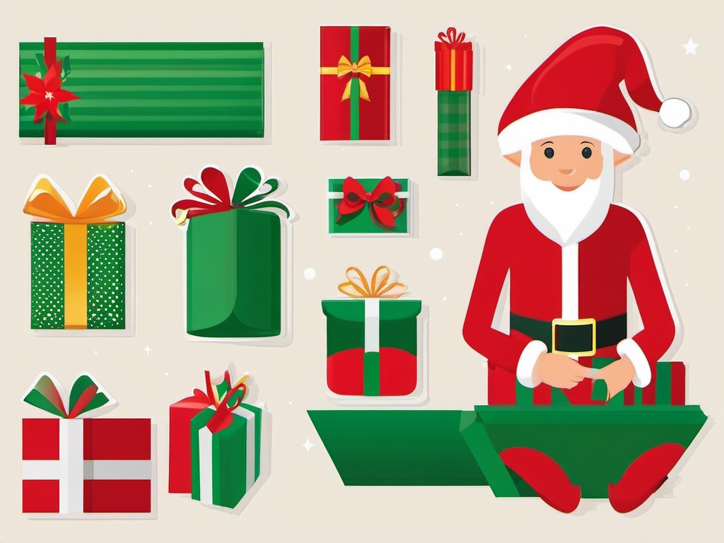 Christmas elf wrapping presents clipart  simple, 2d flat