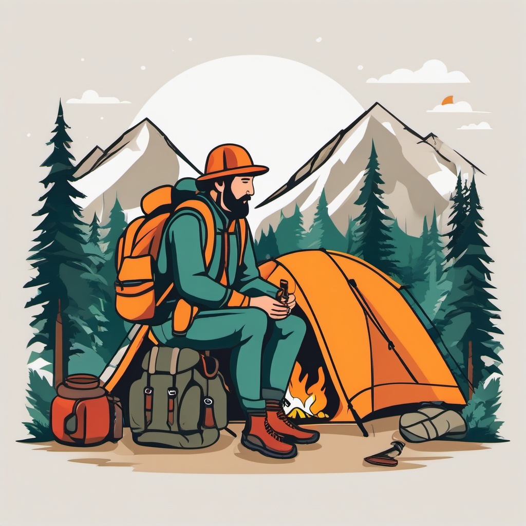 Backpacker Camping Clipart - A backpacker camping in the wilderness.  color vector clipart, minimal style