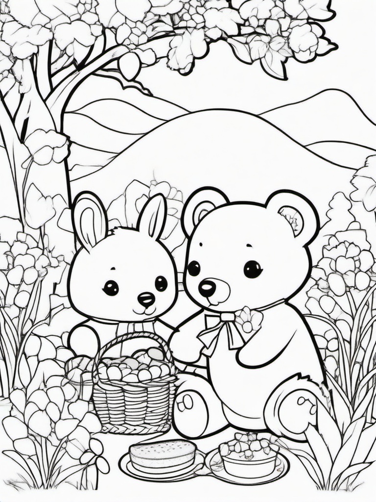 Kawaii Bear and Bunny Coloring Pages - Bear and Bunny Having a Picnic  minimal black outline printable sheet, coloring page